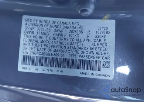 2020 Honda Civic Lx из США, поврежденный, VIN 2HGFC4B68LH305161